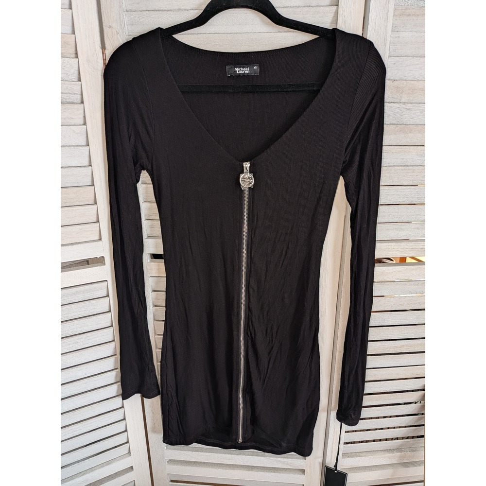 Michael Lauren Womens XS Black Ribbed Full Zip‎ Front Mini Dress Long Sleeve New